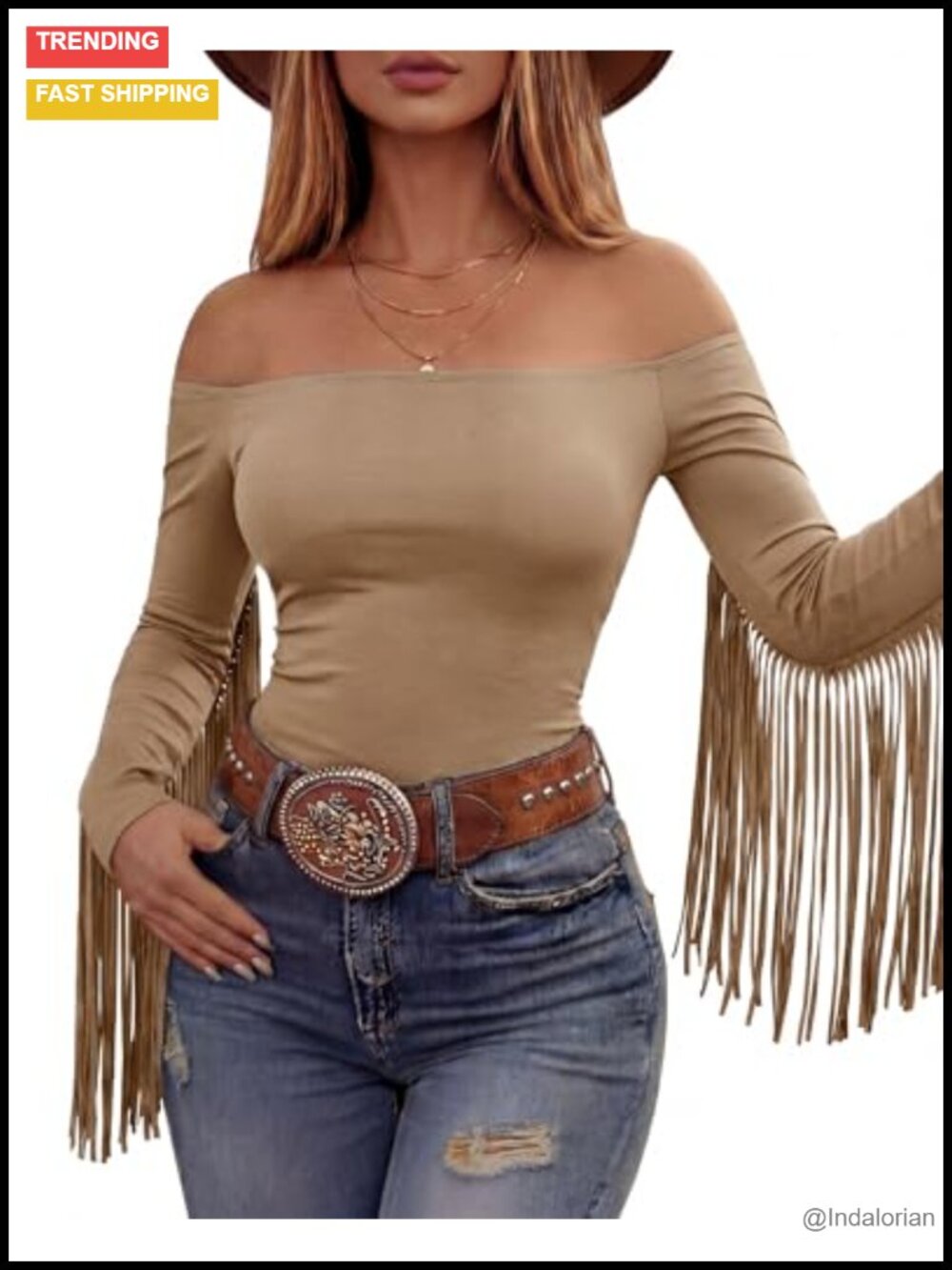 Fringe Top Western Off Shoulder Fitted Long Sleeve Tassels Cowgirl Concert Shirt